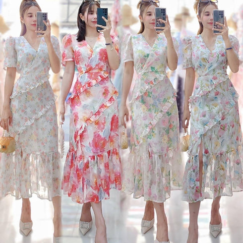Summer Chiffon V-Neck Half Sleeves Side Slit Maxi Dress